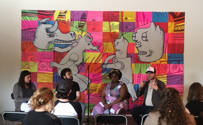 Waffle Chat #1 at ICOSA. An overview from Artistic Director Ron Berry (far right) and discussion with Fusebox artists-in-residence, Ernesto Walker (middle left) and Selina Thompson (middle right). Curator Leslie Moody Castro (far left) co-moderates. Artwork by Matt Rebholz and Kate Csillagi.