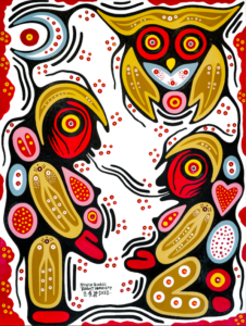 Woodland style painting by Niiwin Binesi of two stylized figures outlined in black facing each other. They have red skin with bodies composed of yellow, blue, and pink outlined shapes. A black line connects their mouths. Above is a blue moon and owl. The background has red dots and a red border. It is signed “Niiwin Binesi, Brent Hardisty, 2022”.