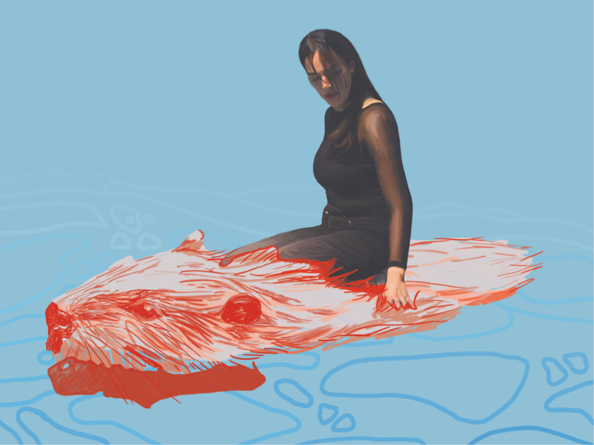 Digital collage of Émilie Monnet, with long dark hair dressed in black, sitting and stroking a large beaver illustrated in orange and red. the entire background is bright blue, and the surface of the water has outlined irregular shapes in gradient shades of blue.