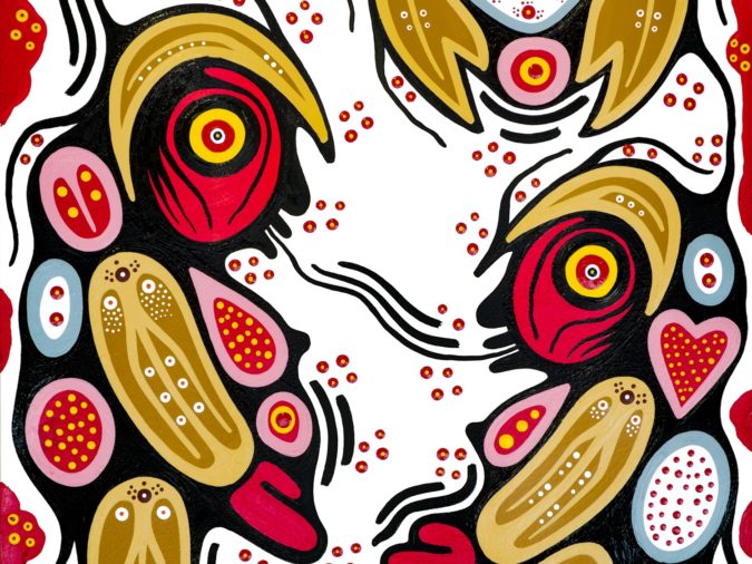 Woodland style painting by Niiwin Binesi of two stylized figures outlined in black facing each other. They have red skin with bodies composed of yellow, blue, and pink outlined shapes. A black line connects their mouths. Above is a blue moon and owl. The background has red dots and a red border.