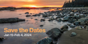 Save the Dates January 19 to February 4, 2024 for the next PuSh Festival. Image shows a rocky ocean shore with a sunset over the water.