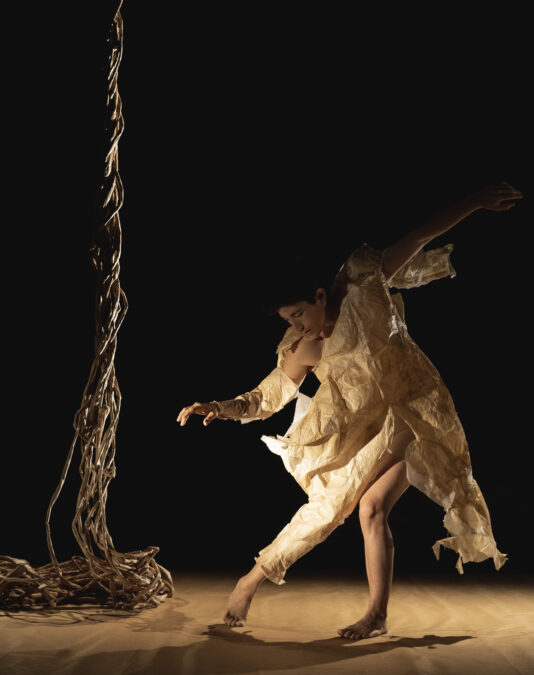A performer gracefully gestures to the ground beside a pole of twisted branches.They are wearing a light fabric with paper like texture covering their torso, one arm and leg. The garment drapes on their body as if it is floating.