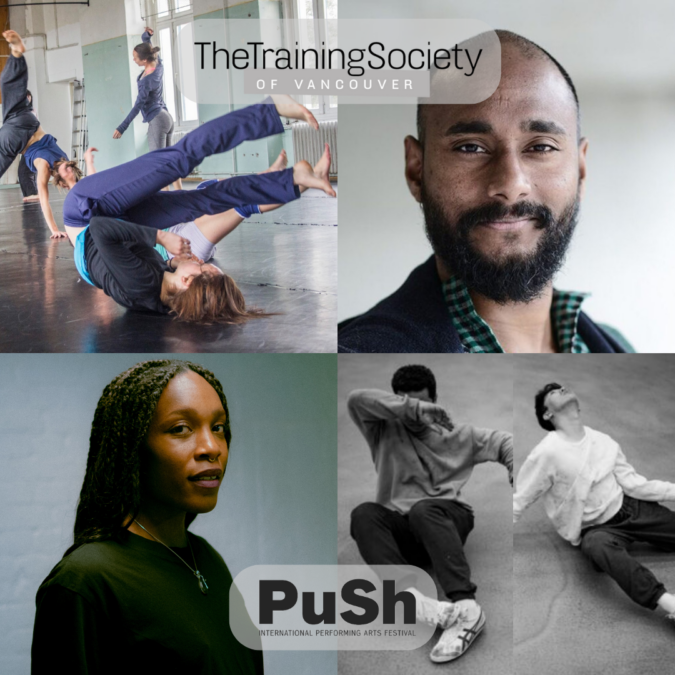 A four-image composite. The first image top left is a few people dancing experimentally in the background and a young person rolling on their back in the foreground.
The second picture top right is a portrait photo of a black man with a beard.
The third picture bottom left is a portrait photo of a young black woman. 
The fourth photo bottom right shows two young men sitting on the floor in part of a dance posture.
A logo at the top of the composite reads The Training Society of Vancouver. The PuSh logo appears at the bottom of the composite. 