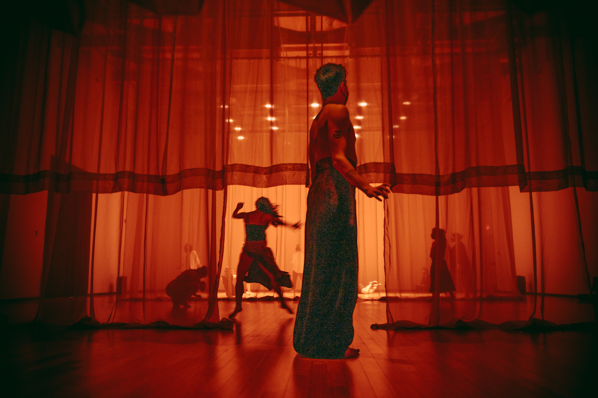 Wide shot of a performance in a room partitioned by sheer red curtains. In the foreground a short-haired performer, topless and wearing black pants, stands faacing away from the camera. In the background performers are in motion.