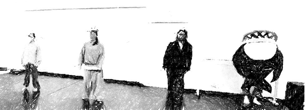 black and white sketch image of three human performers standing in a row, and a round mascot on the end of the row.