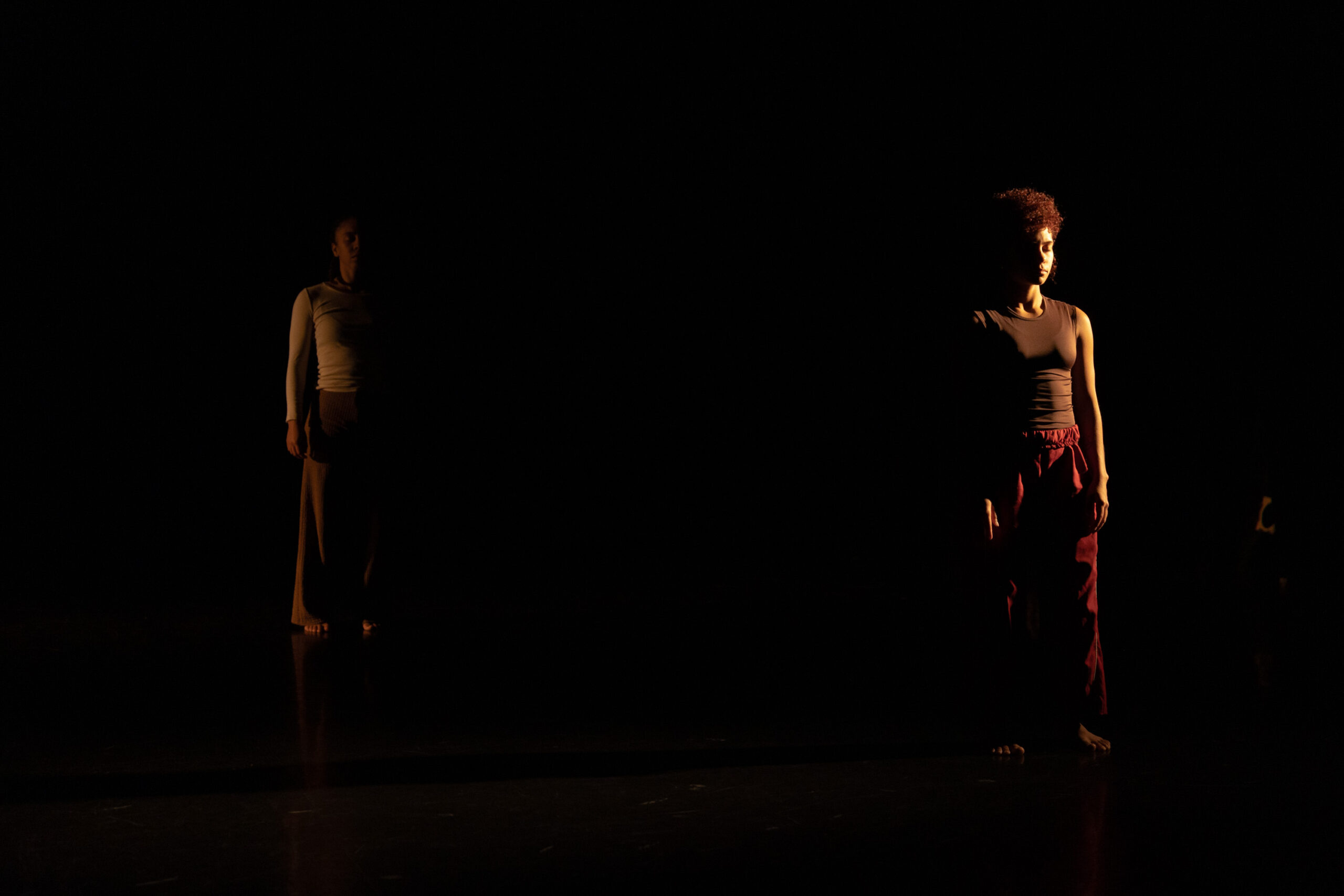 In a dimly lit set, two performers wearing tight tops and flowing buttons stand, shrouded in darkness.